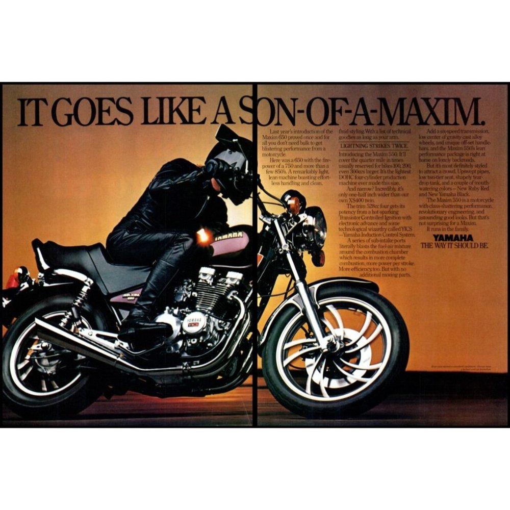 1981 Yamaha Maxim 550 Motorcycle 2 Page Vintage Print Ad Black Leather Wall Art